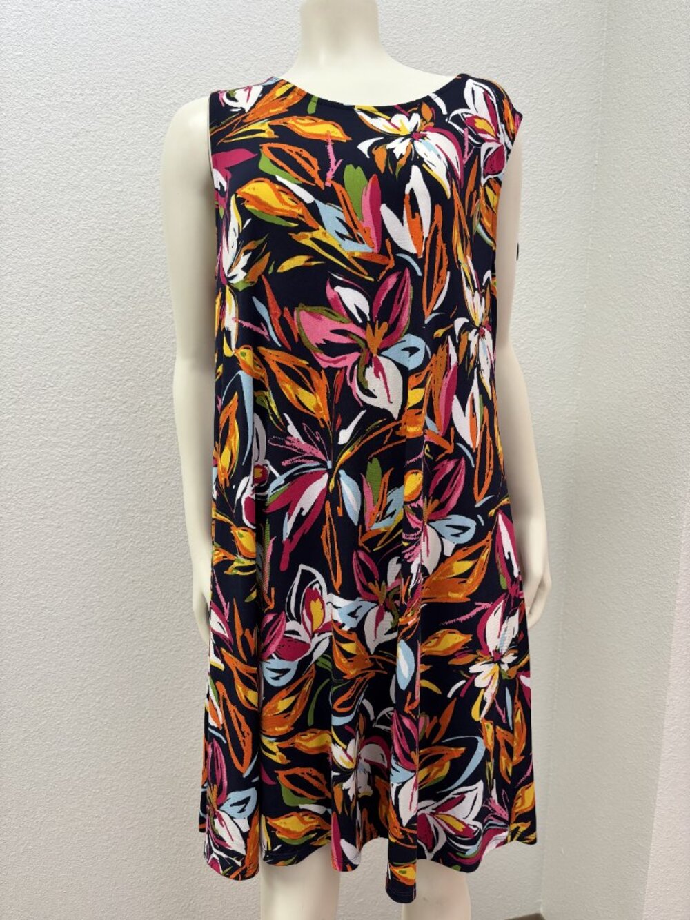 MSK XL Floral Sleeveless Shift Dress Navy Pink Orange Tie Back 36.5"